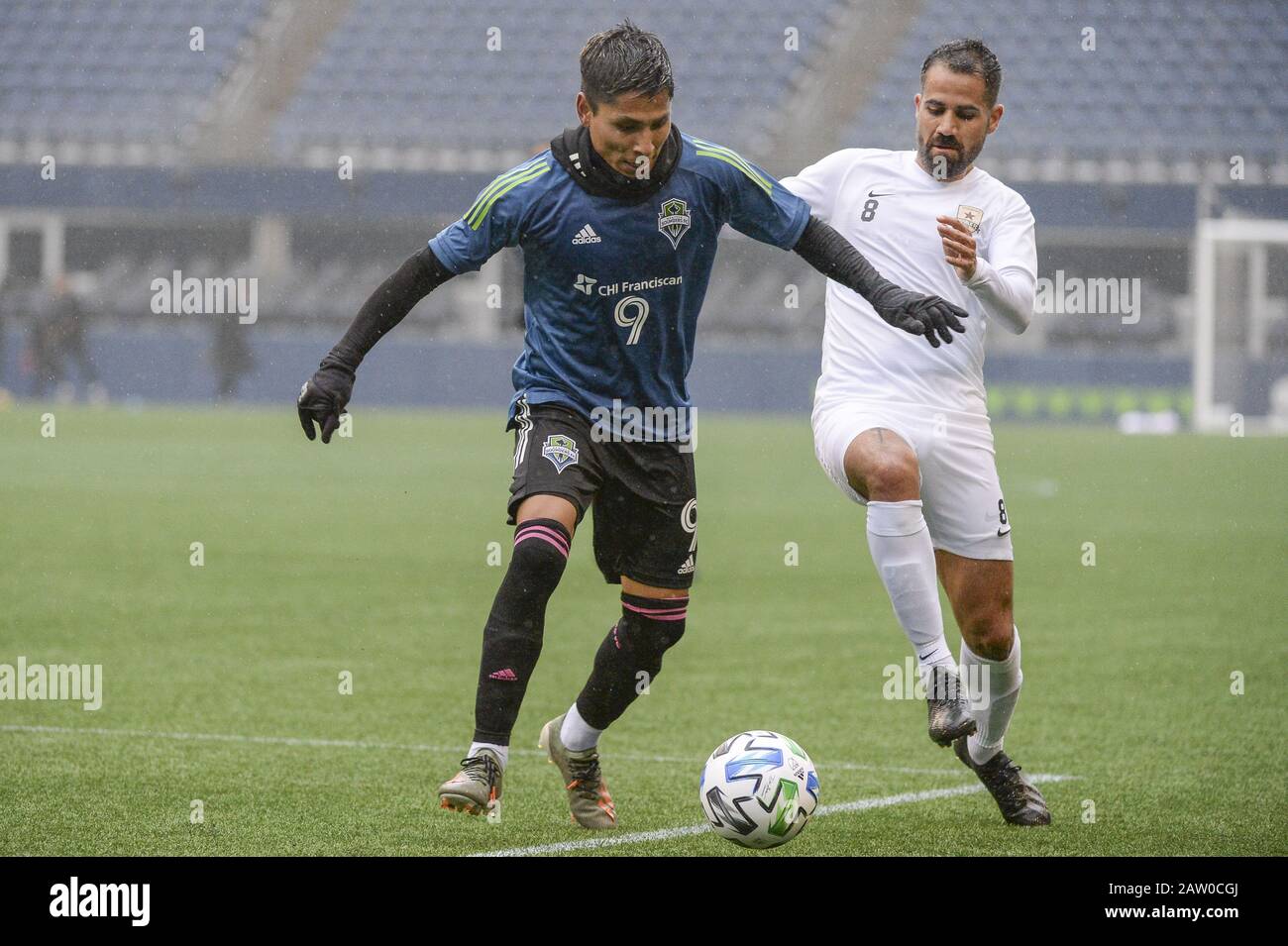Seattle, Washington, USA. 5th Feb, 2020. The Seattle Sounder Raul Ruidiaz (9) in action as the Sacramento Republic FC visits the Seattle Sounders in a friendly preseason match at Century Link Field in Seattle, WA. Credit: Jeff Halstead/ZUMA Wire/Alamy Live News Stock Photo
