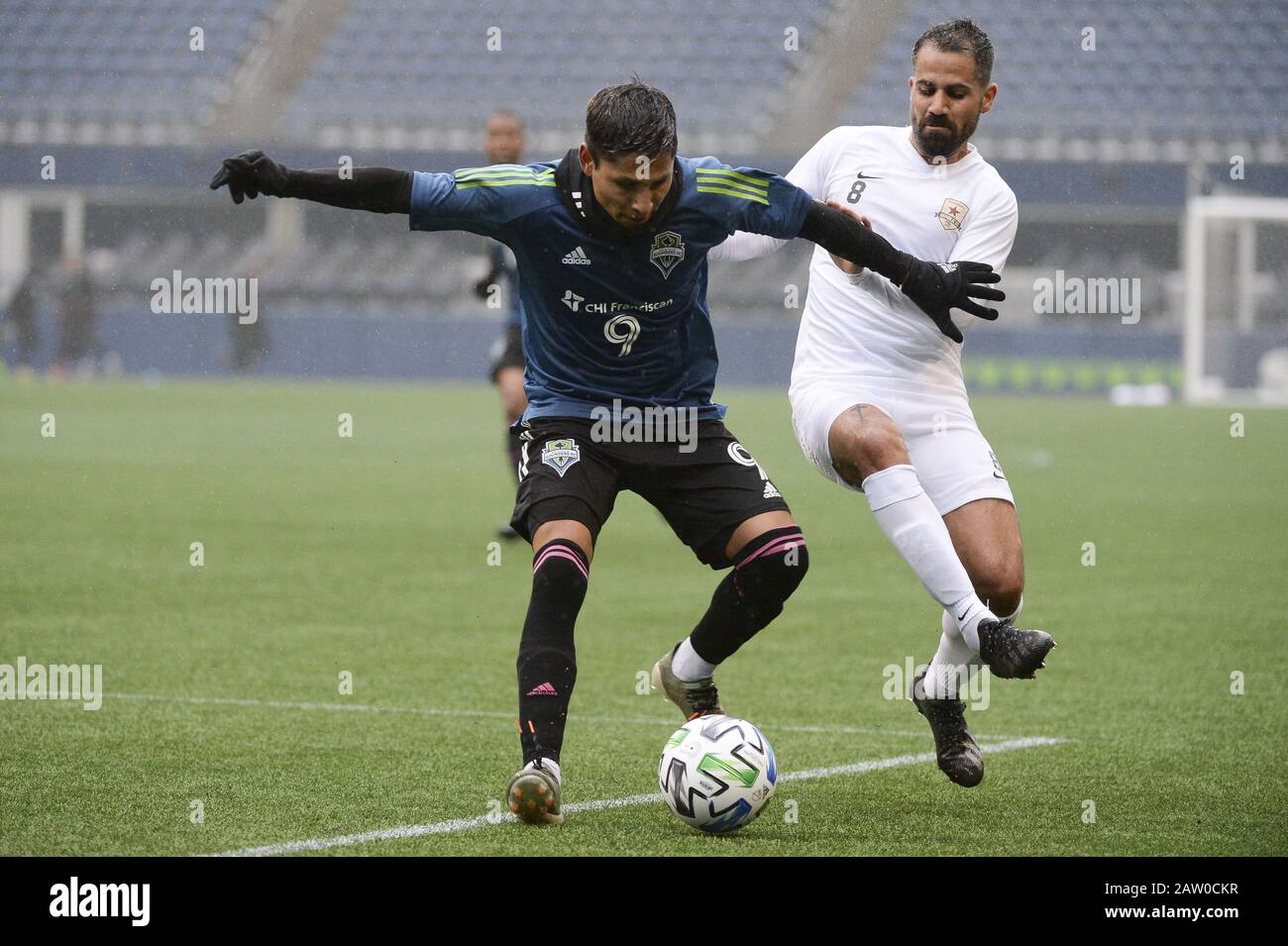 Seattle, Washington, USA. 5th Feb, 2020. The Seattle Sounder Raul Ruidiaz (9) in action as the Sacramento Republic FC visits the Seattle Sounders in a friendly preseason match at Century Link Field in Seattle, WA. Credit: Jeff Halstead/ZUMA Wire/Alamy Live News Stock Photo