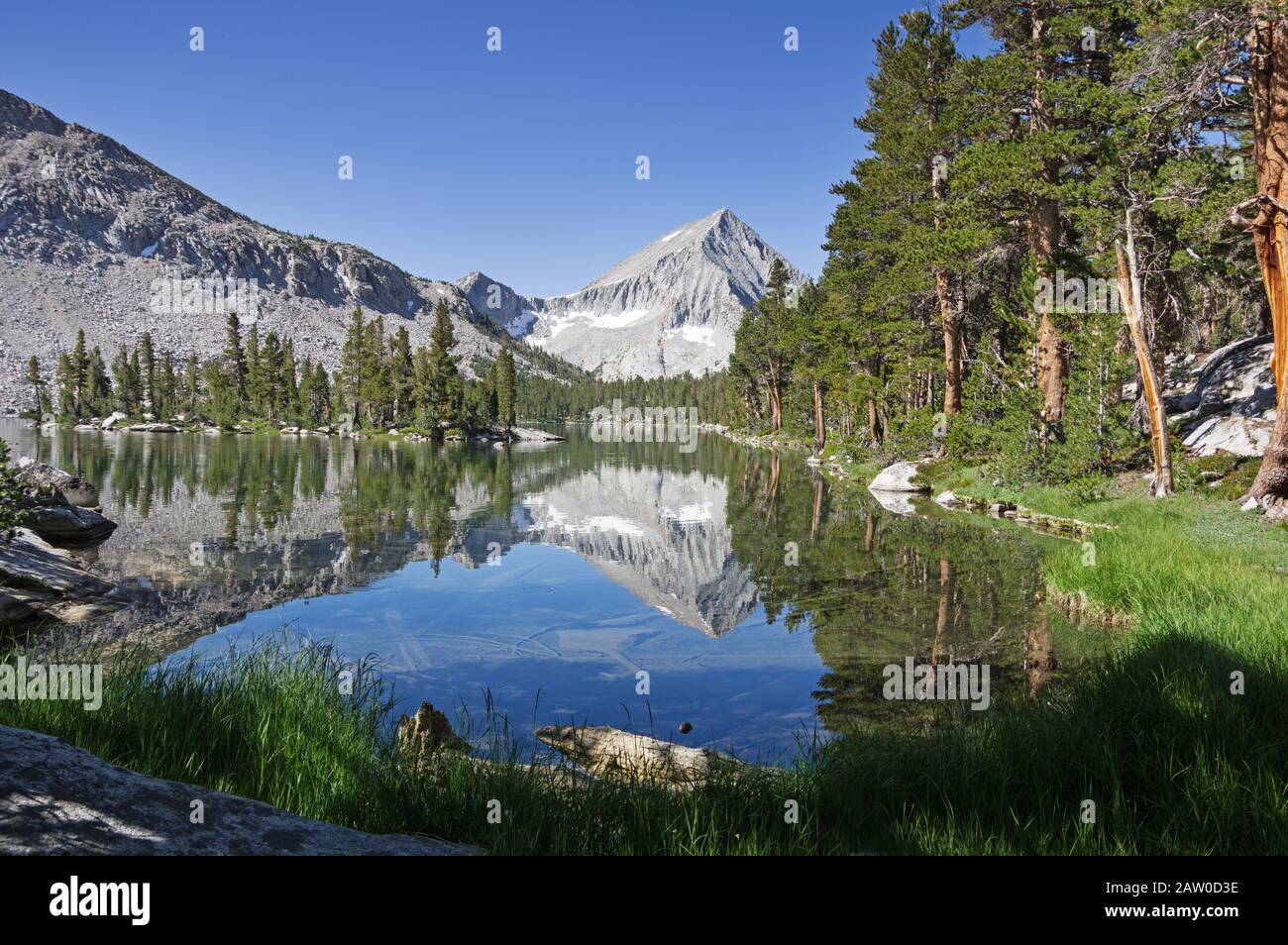 Arrow Peak in Kings Canyon National Park reflected in Bench Lake Stock Photo