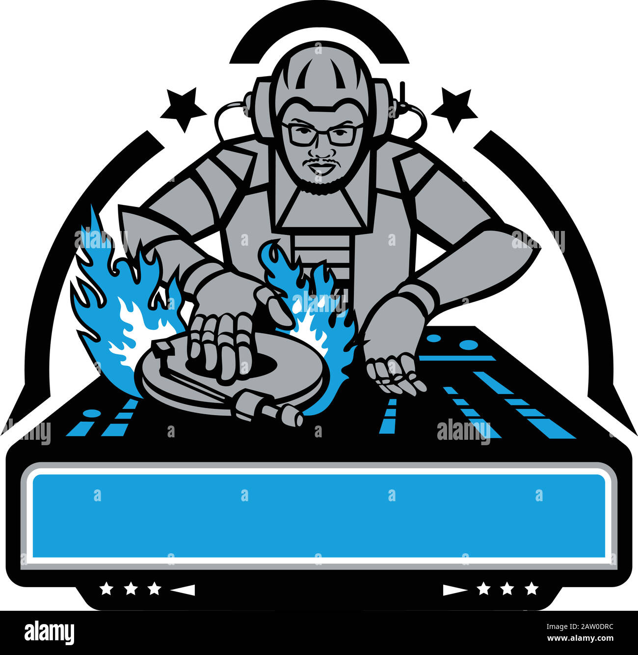 Mascot icon illustration of a futuristic African American disc jockey, dj ordeejay scratching turntable on fire  viewed from front on isolated backgro Stock Vector