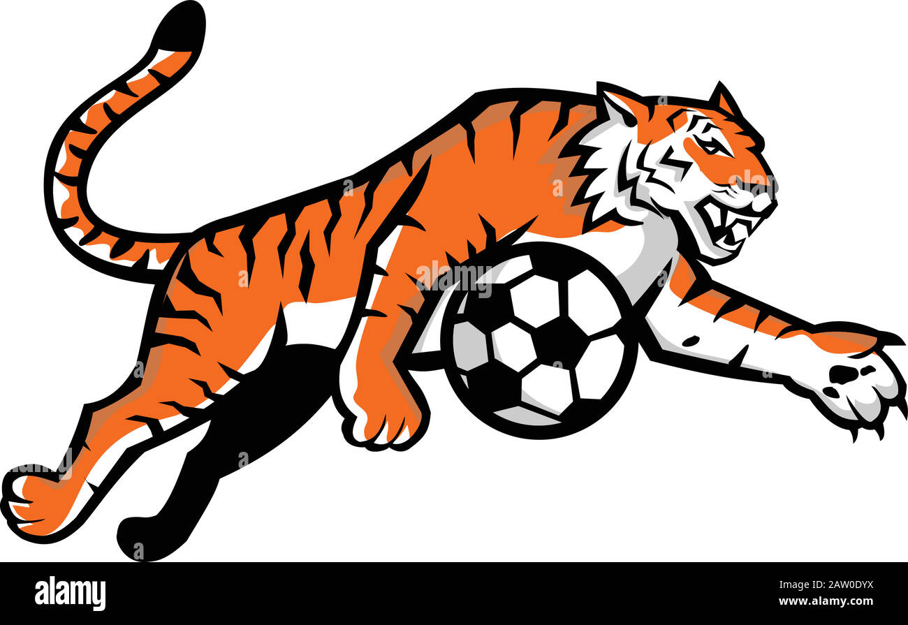 Mascot icon illustration of a tiger running, jumping, dribbling soccer football ball viewed from side  on isolated background in retro style. Stock Vector