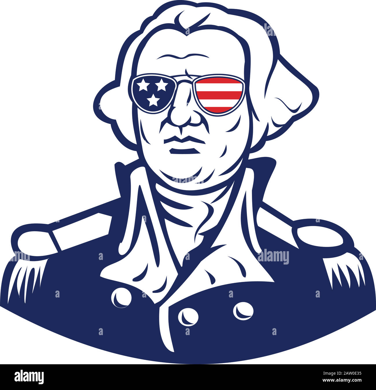 Mascot icon illustration of head of American president and founding father, George Washington wearing sunglasses with USA flag stars and stripes viewe Stock Vector