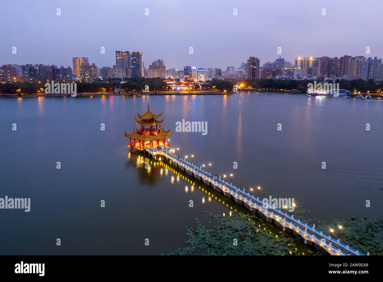 Aerial view of Pavilions, Lotus Pond, Dragon and Tiger Pagodas at night. kaohsiung city. Taiwan Stock Photo