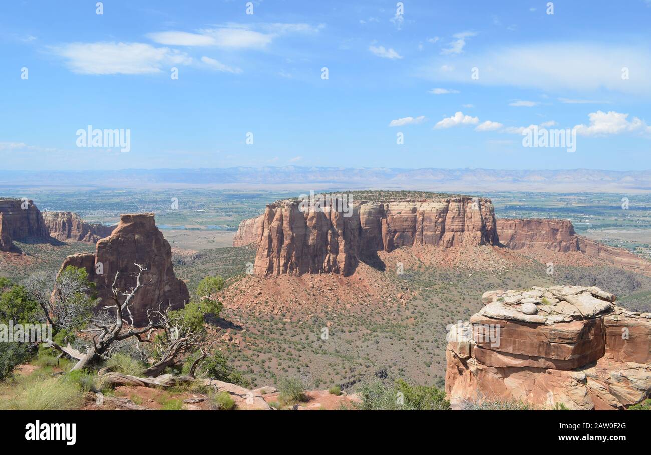 Summer in Colorado National Monument: Wedding Canyon, the Island Mesa and Monument Canyon with Colorado River, Grand Valley & the Books Cliffs Beyond Stock Photo