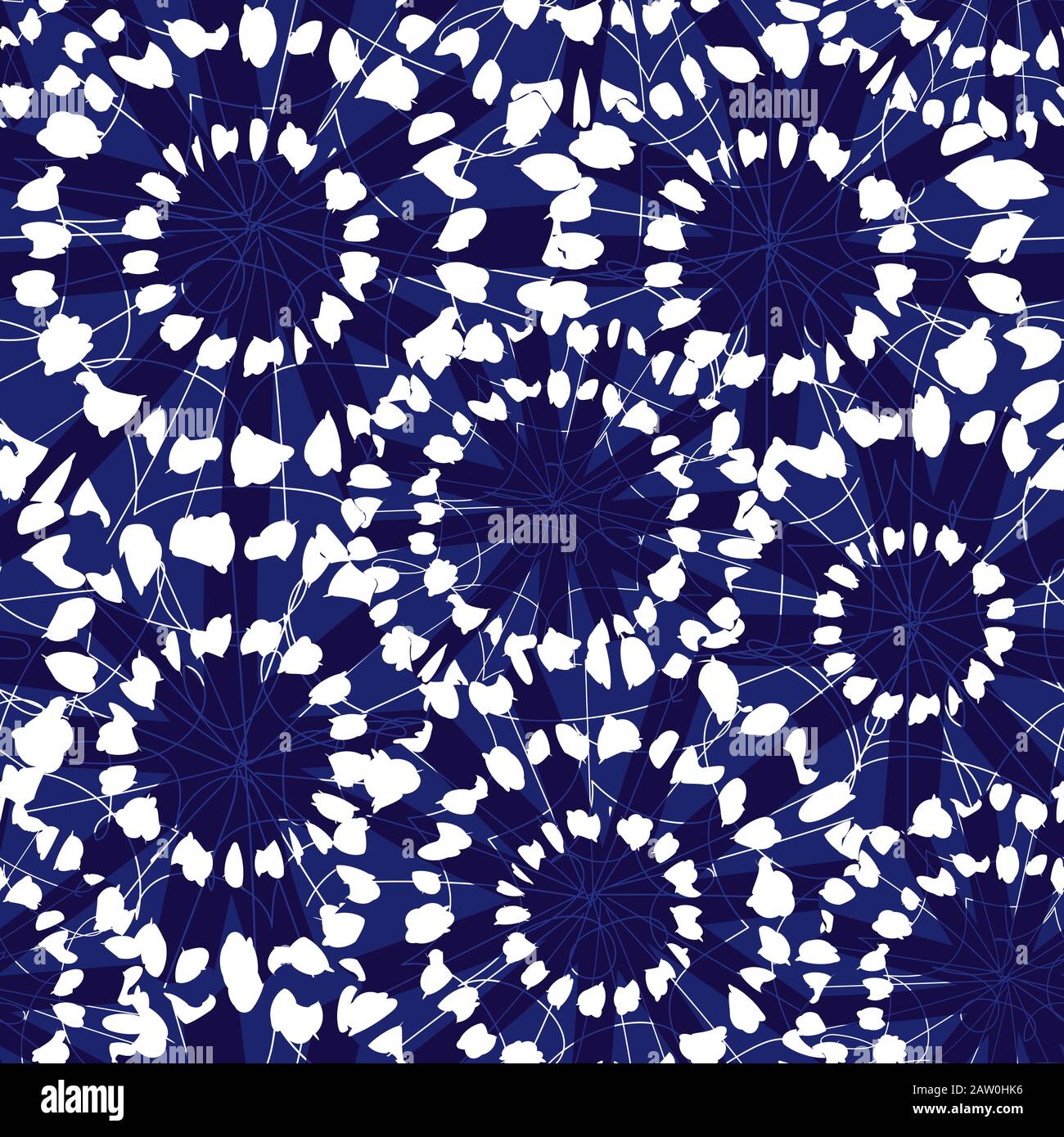 Vector blue and white abstract floral shibori circles overlap patten. Suitable for textile, gift wrap and wallpaper. Stock Vector