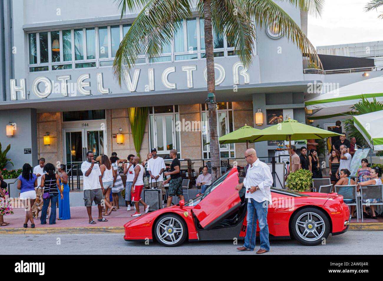 Miami Beach Florida,Ocean Drive,Hotel Victor,Ferrari,sports car,red,FL100906007 Stock Photo