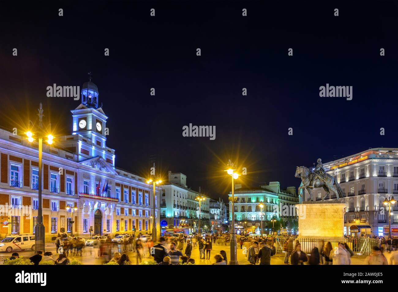 Madrid, Spain - April 13, 2019: Madrid Spain night city skyline at Puerta del Sol Stock Photo