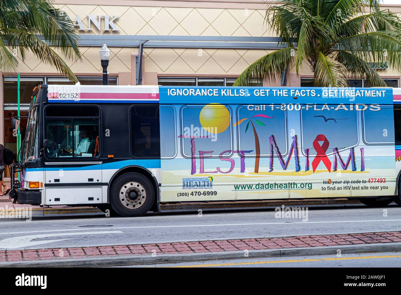 Miami Beach Florida,Washington Avenue,Miami Dade Metrobus,bus,coach,ad,advertising,ad,advertisement,FL100912002 Stock Photo