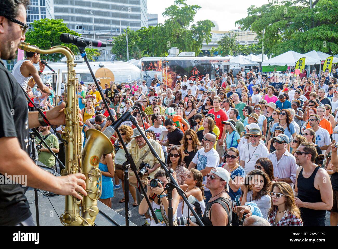 Miami Florida,Adrienne Arsht Center for the Performing Arts,Fall for the Arts Festival,live performance,Latino funk band Ozomatli,audience,saxophone p Stock Photo