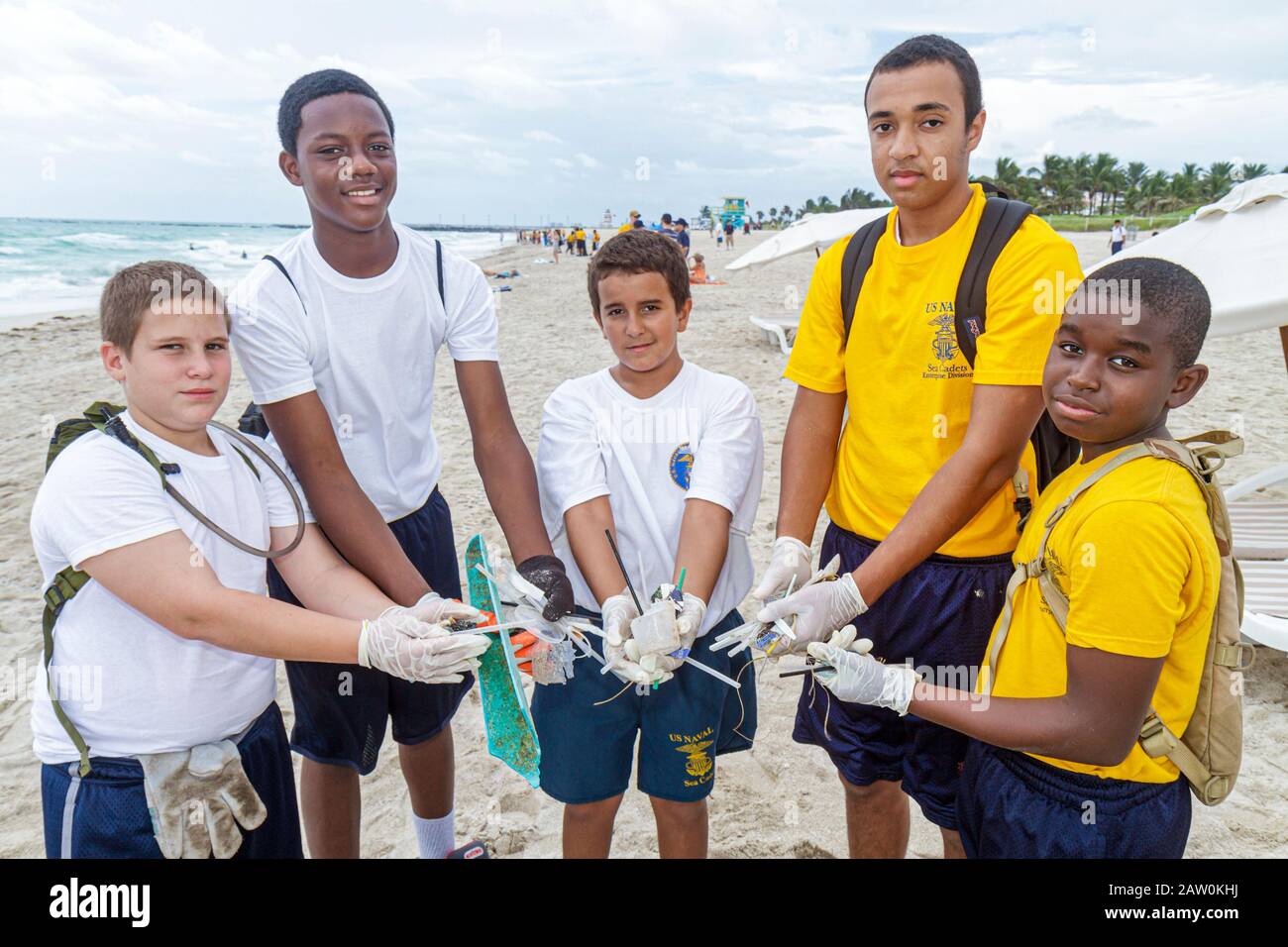 Miami Beach Florida,Coastal Cleanup Day,volunteer volunteers volunteering work worker workers,working together serving help,helping litter,trash,pollu Stock Photo