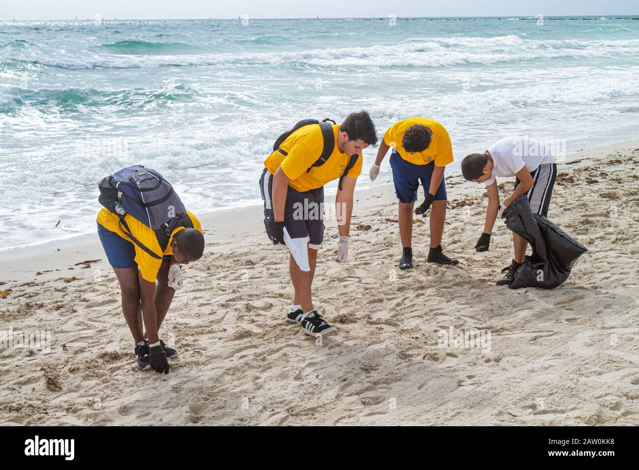 Miami Beach Florida,Coastal Cleanup Day,volunteer volunteers volunteering work worker workers,working together serving help,helping litter,trash,pollu Stock Photo