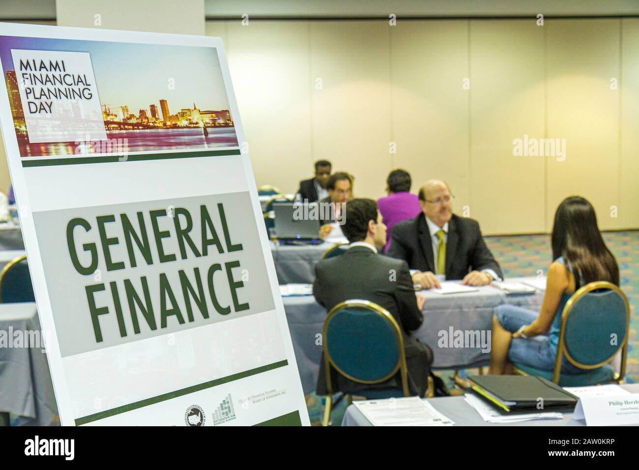 Miami Florida,James L. Knight Convention Center,Miami Financial Planning Day,free advice,guidanceal planners,sign,logo,general finance,visitors travel Stock Photo