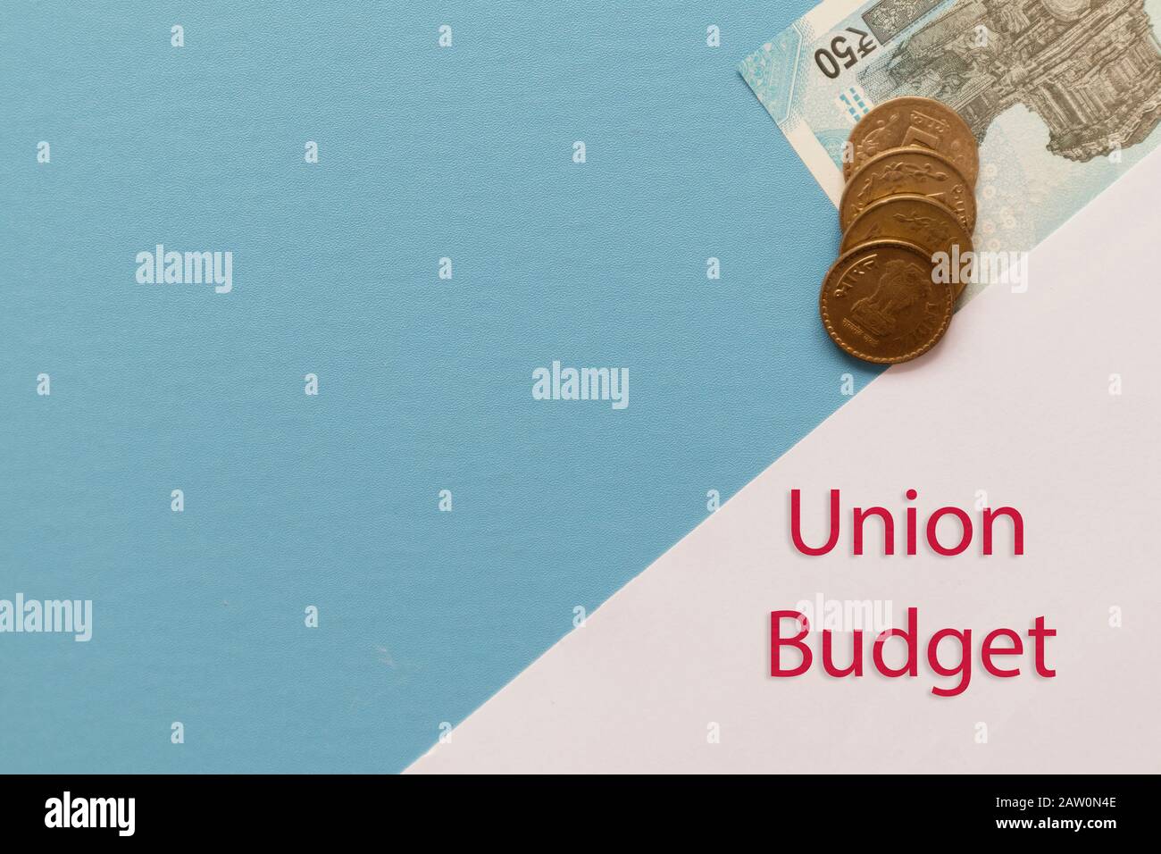 Concept of Indian Union budget with Indian currency notes, coins with ...
