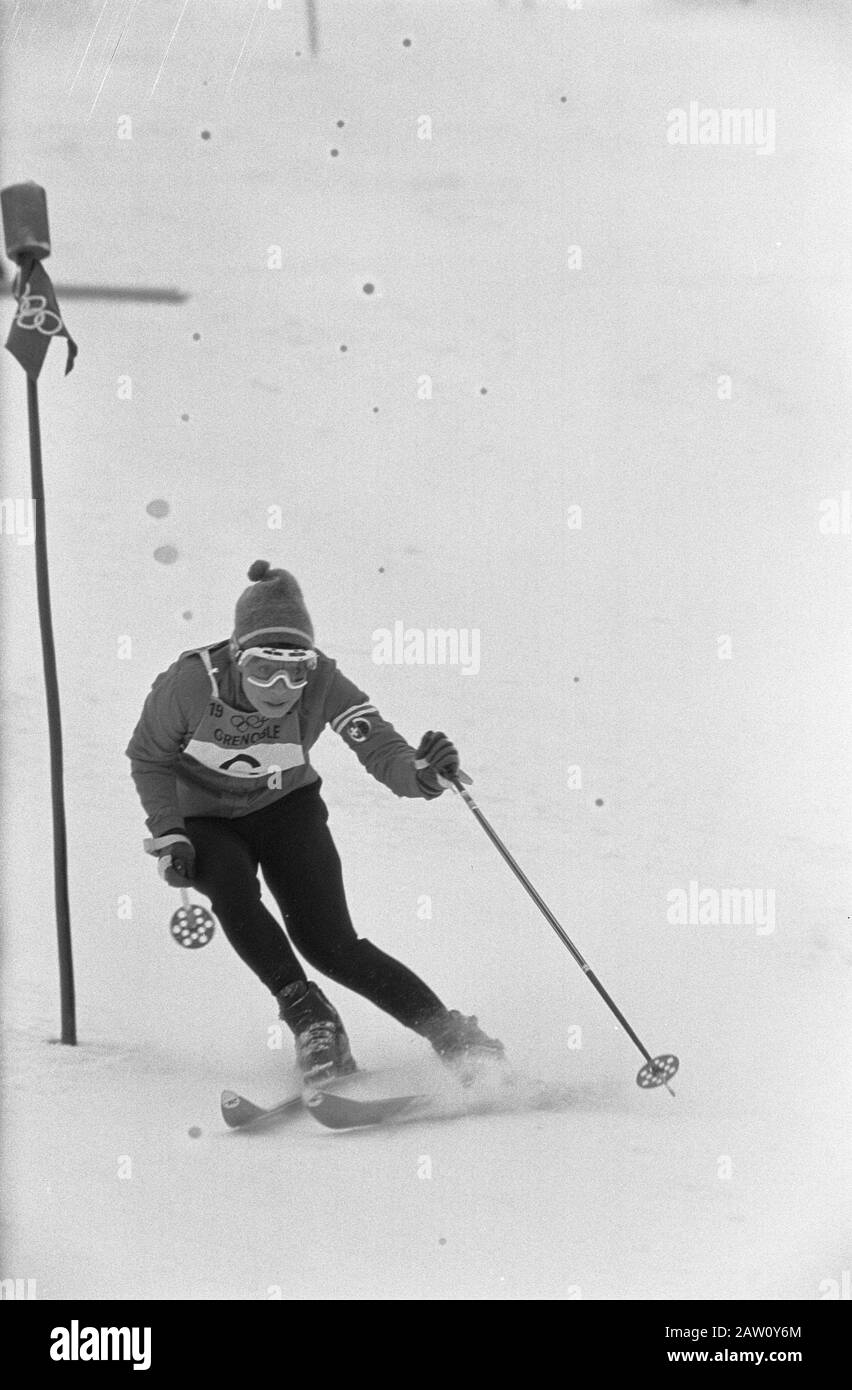 Olympics Grenoble, No. 8 Goitschel in action, No. 9 Bochatayia in action (Suisse), No. 10 Mittermaier (W-Germany), number 11 Fortna in action (USA) / Date: February 13, 1968 Location: America, Grenoble Keywords: skiing Stock Photo
