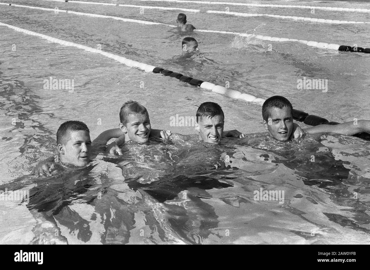 Olympic Games in Rome, US swimming team which set a new world [Bennett, Hait, Clark and Gillanders?] Annotation: Composition for the series. The American team that eventually won the gold medal was made. Hait, Larson, McKinney and Farrell) Date: August 28, 1960 Location: Italy, Rome Keywords: sports, swimming Stock Photo