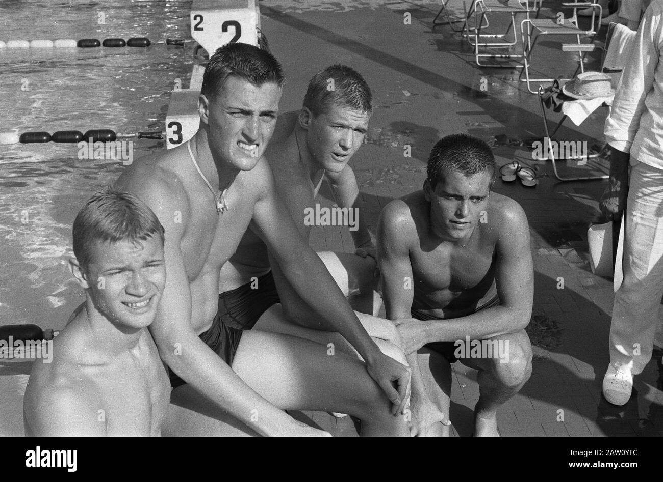 Olympic Games in Rome, US 4x100 meter medley relay team v.l.n.r. Bennett, Hait, Clark and Gillanders Annotation: Composition for the series. The American team that eventually won the gold medal was made. Hait, Larson, McKinney and Farrell) Date: August 28, 1960 Location: Rome Keywords: sports, swimming Person Name: Bennett, Bob Clark, Steve, Gillanders, Dave, Hait, Paul Institution Name: Olympics Stock Photo