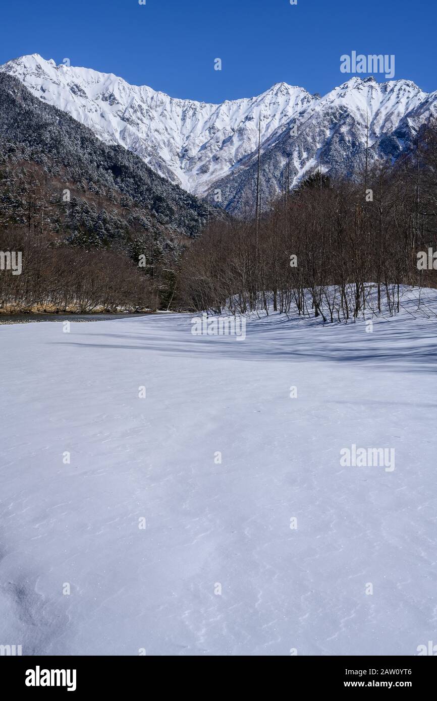 Snowfield and Hodaka Mountains Stock Photo