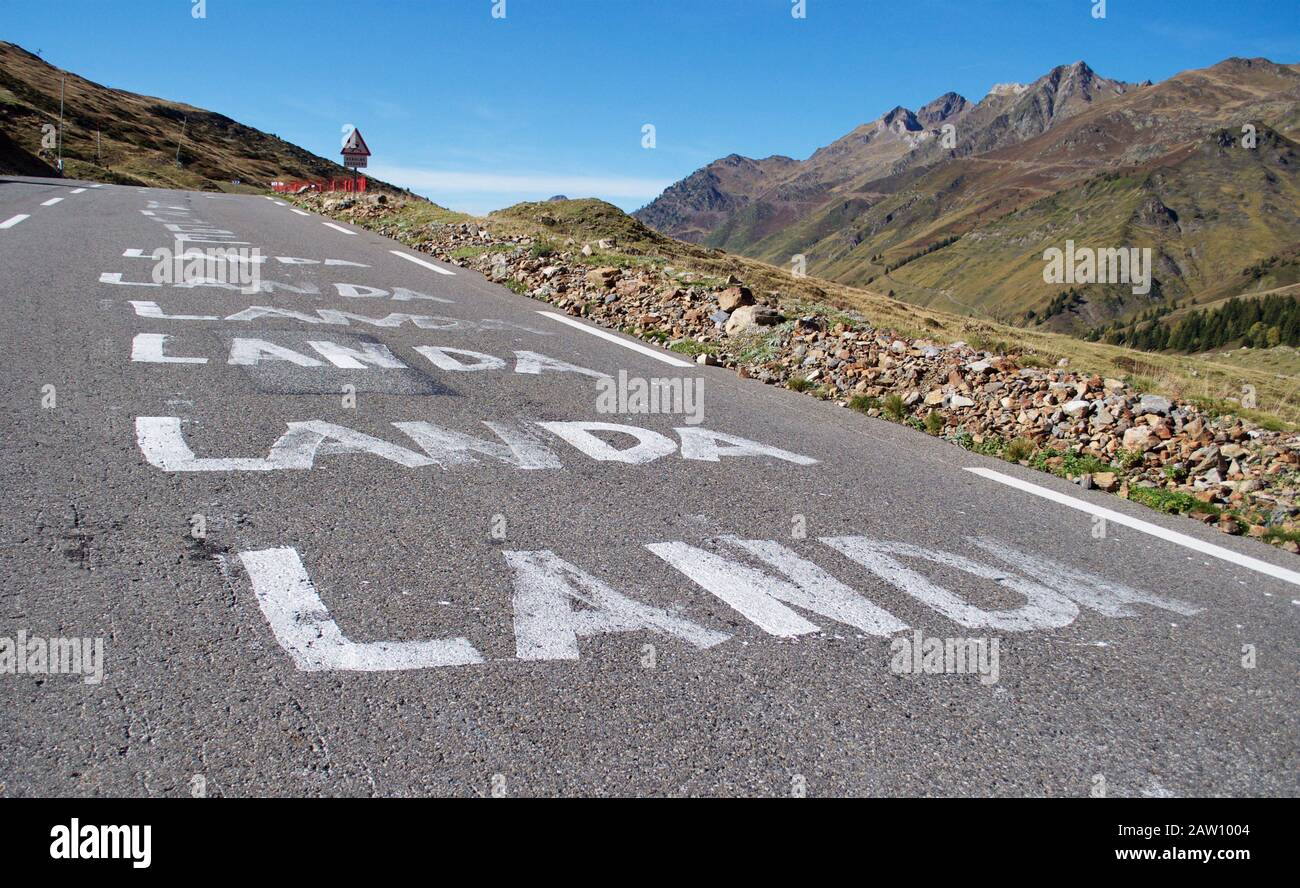 Pyrenees, France. Fans wrote the name of their favourite cyclist on the road over The Col le Tourmalet pass during the tour de France Stock Photo