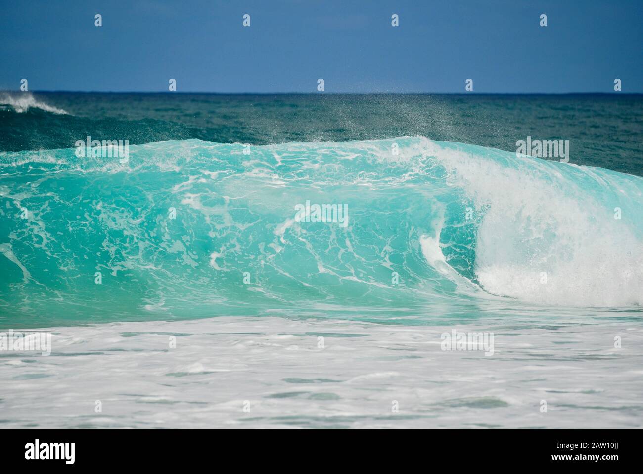 Surfers riding world-renowned crashing waves in Banzai Pipeline on North Shore, Oahu island, Haleiwa, Hawaii, USA Stock Photo
