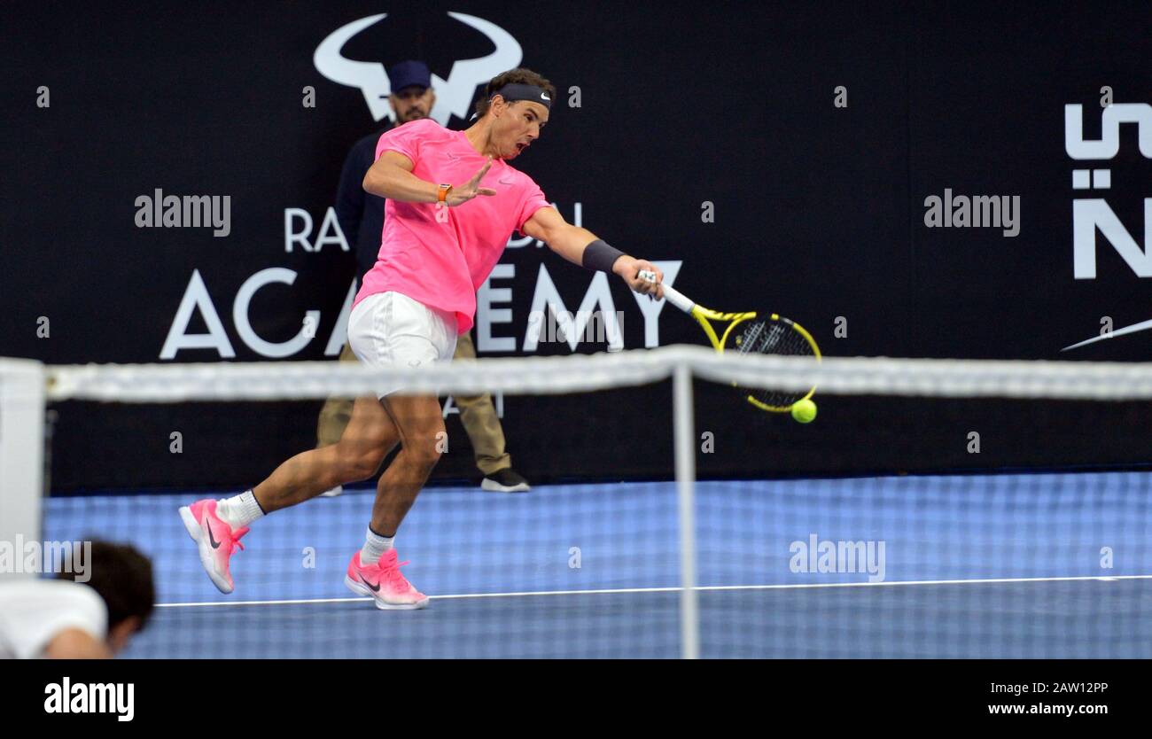 Kuwait, Kuwait. 5th Feb, 2020. Rafael Nadal hits a return during an  exhibition match between Rafael Nadal and David Ferrer at the opening  ceremony of Rafa Nadal Academy in Hawalli Governorate, Kuwait,