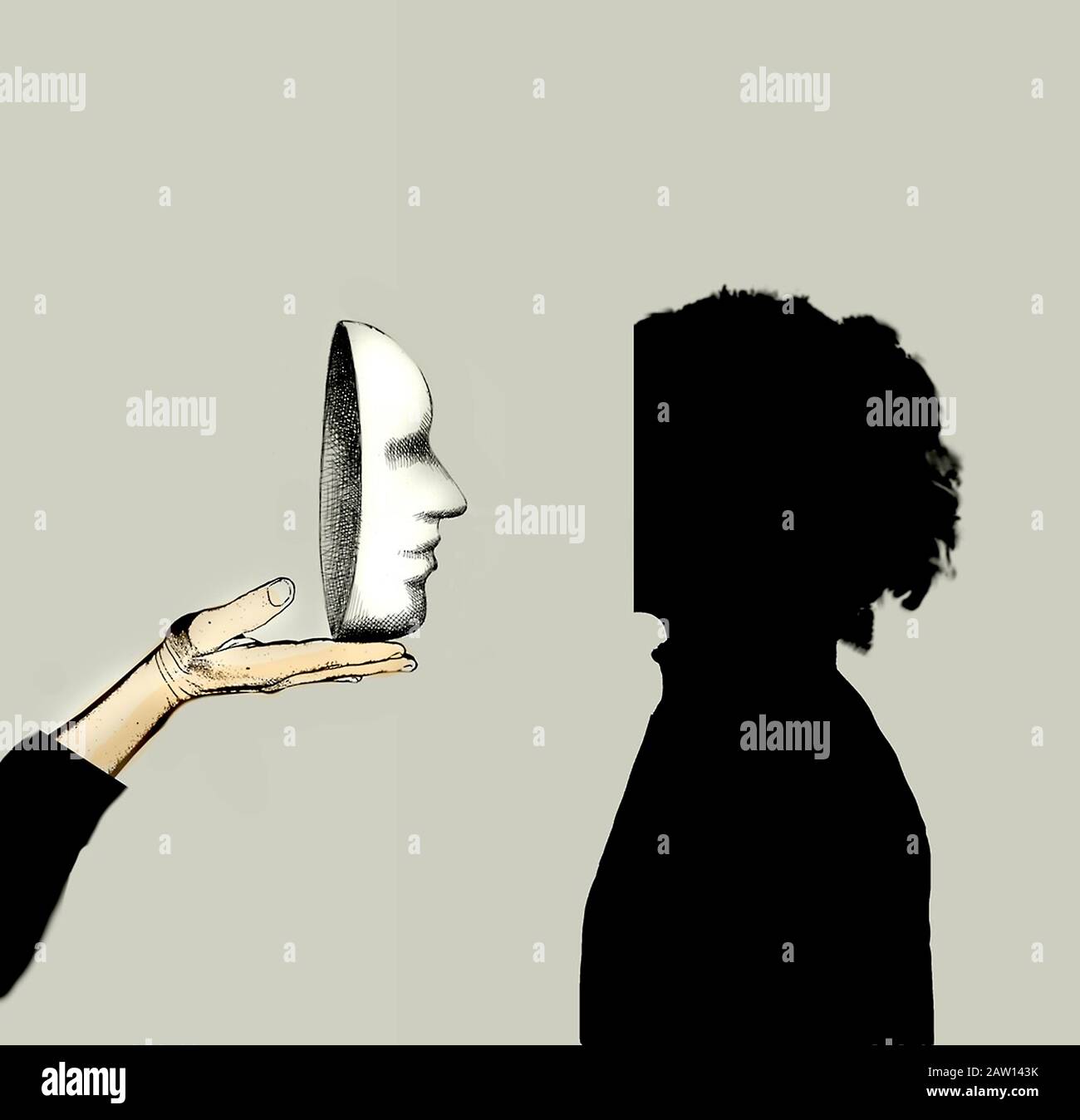 Concept Image Of A Hand Presenting A Mask To A Faceless Woman Depicting Identity And Psychological Disorder Stock Photo Alamy