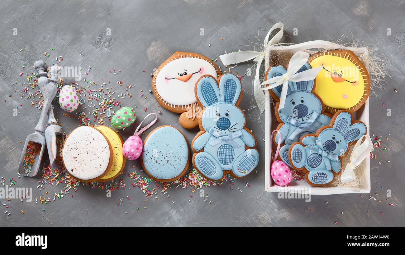 Easter cookies on gray background. Greeting Easter background. Top view Stock Photo