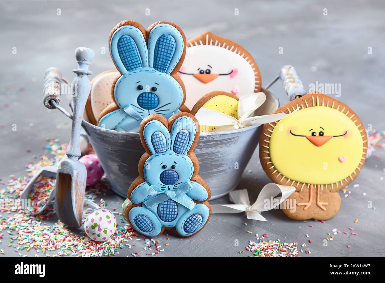 Easter cookies on gray background. Greeting Easter background. Stock Photo