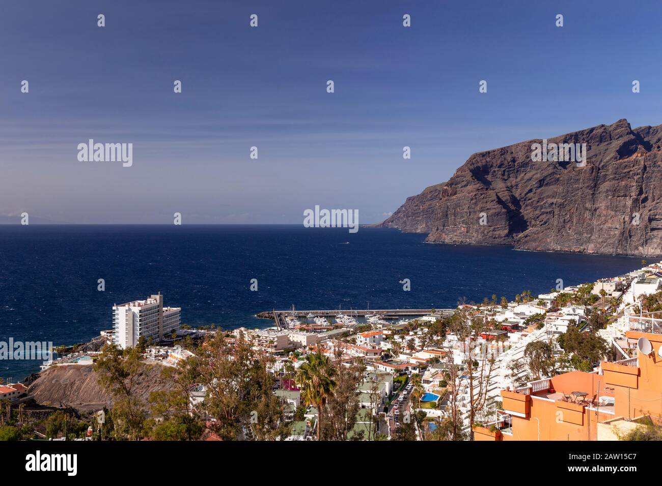 Sea cliffs and town at Los Gigantes, Tenerife, Canary Islands Stock Photo