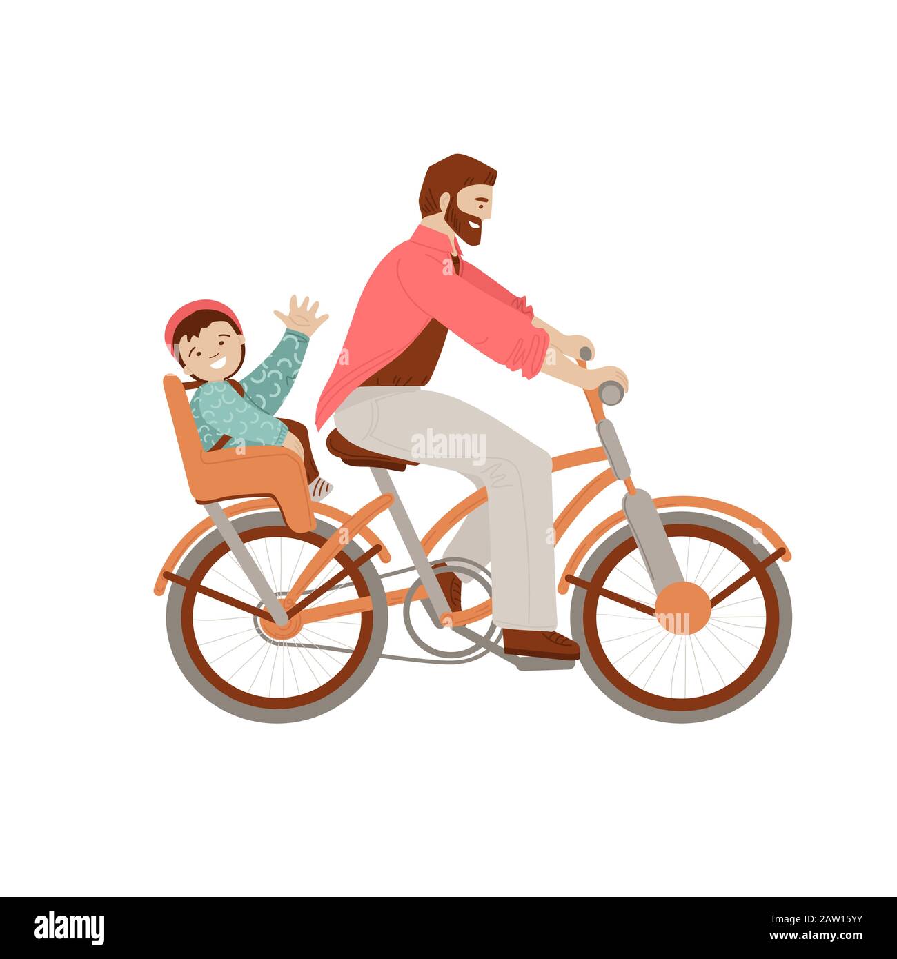 Happy father riding a bicycle with kid on baby carrier bike seat, waving his heand in cheer mood. Happy father with child doing summer activities on Stock Vector