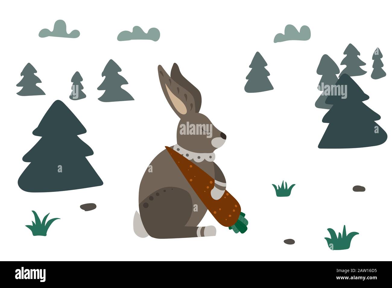 Gray hare with carrot. Forest with grass and tree, sky with clouds. Vector illustration. Stock Vector