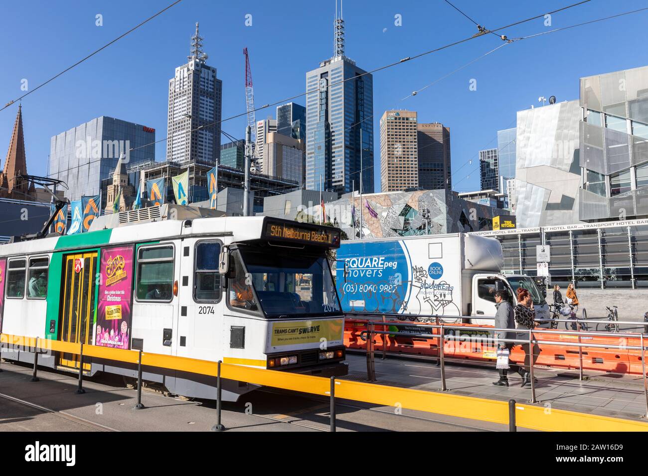 Melbourne tram and melbourne skyscrapers in the city centre,Victoria,Australia summers day Stock Photo