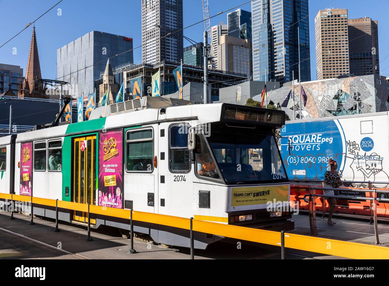 Melbourne tram and melbourne skyscrapers in the city centre,Victoria,Australia summers day Stock Photo