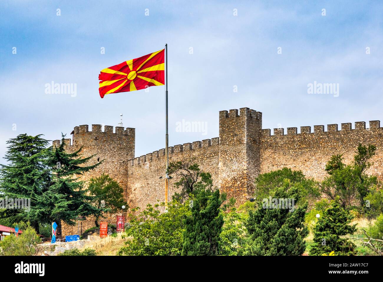 Huge Macedonian flag over Tsar Samoil Castle in Ohrid, UNESCO World