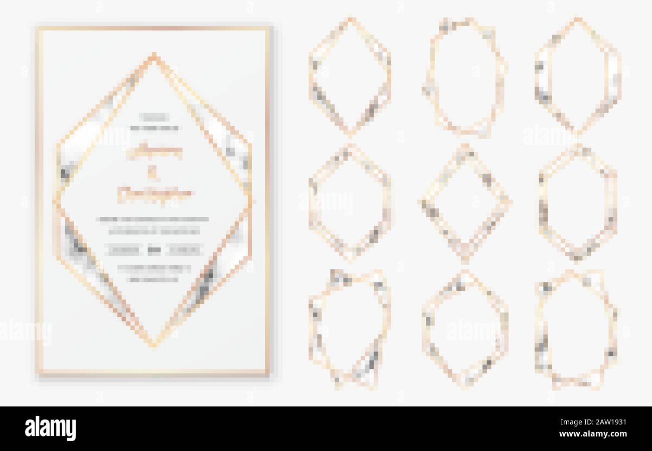 Gold polygonal crystal frames with trendy marble texture. Stock Vector