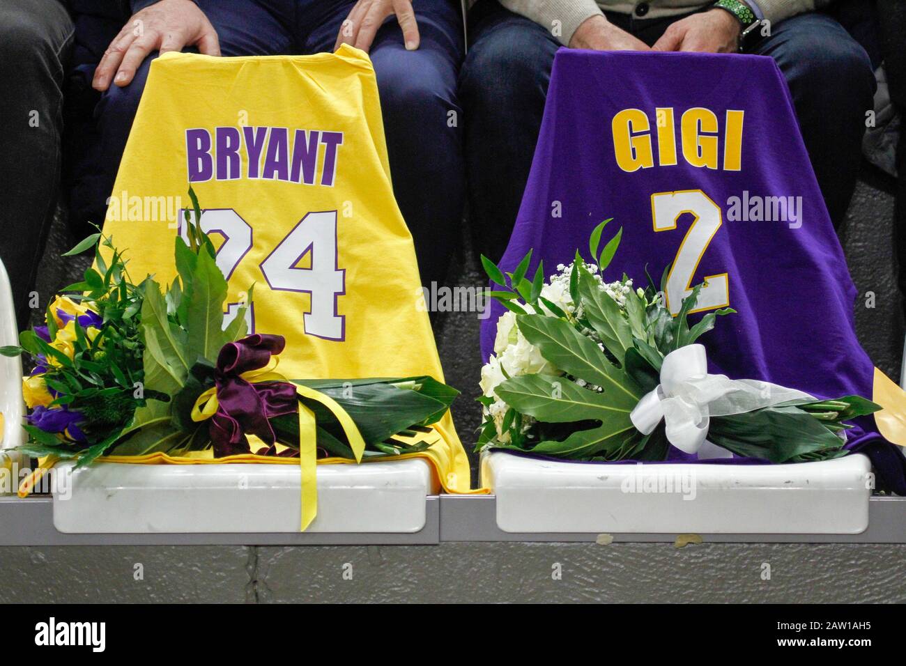 kobe and gigi bryant jerseys during Kobe Bryant commemoration, Rieti, Italy, 05 Feb 2020, Basketball Event Stock Photo