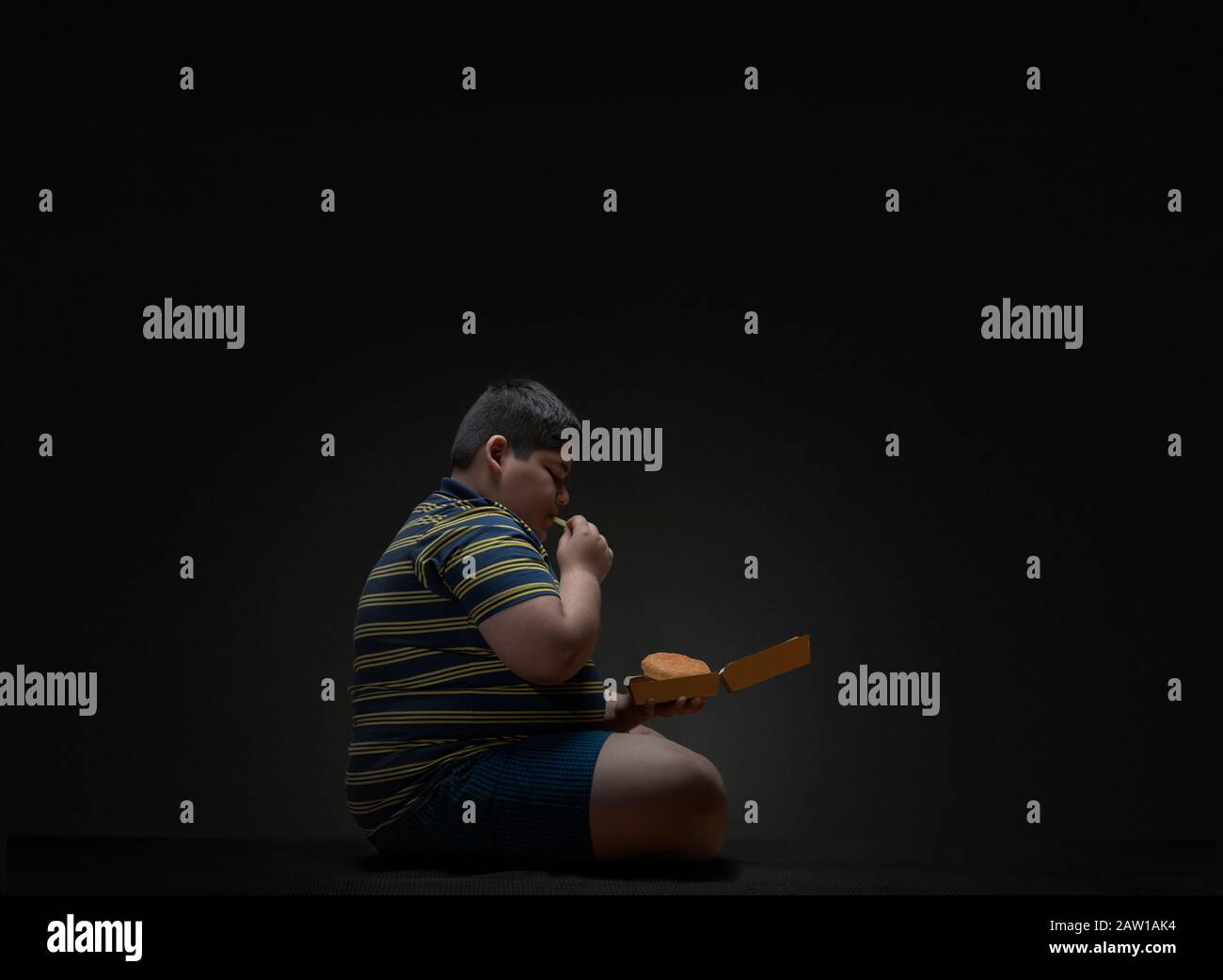 Young boy eating burger and fries. (Obesity) Stock Photo