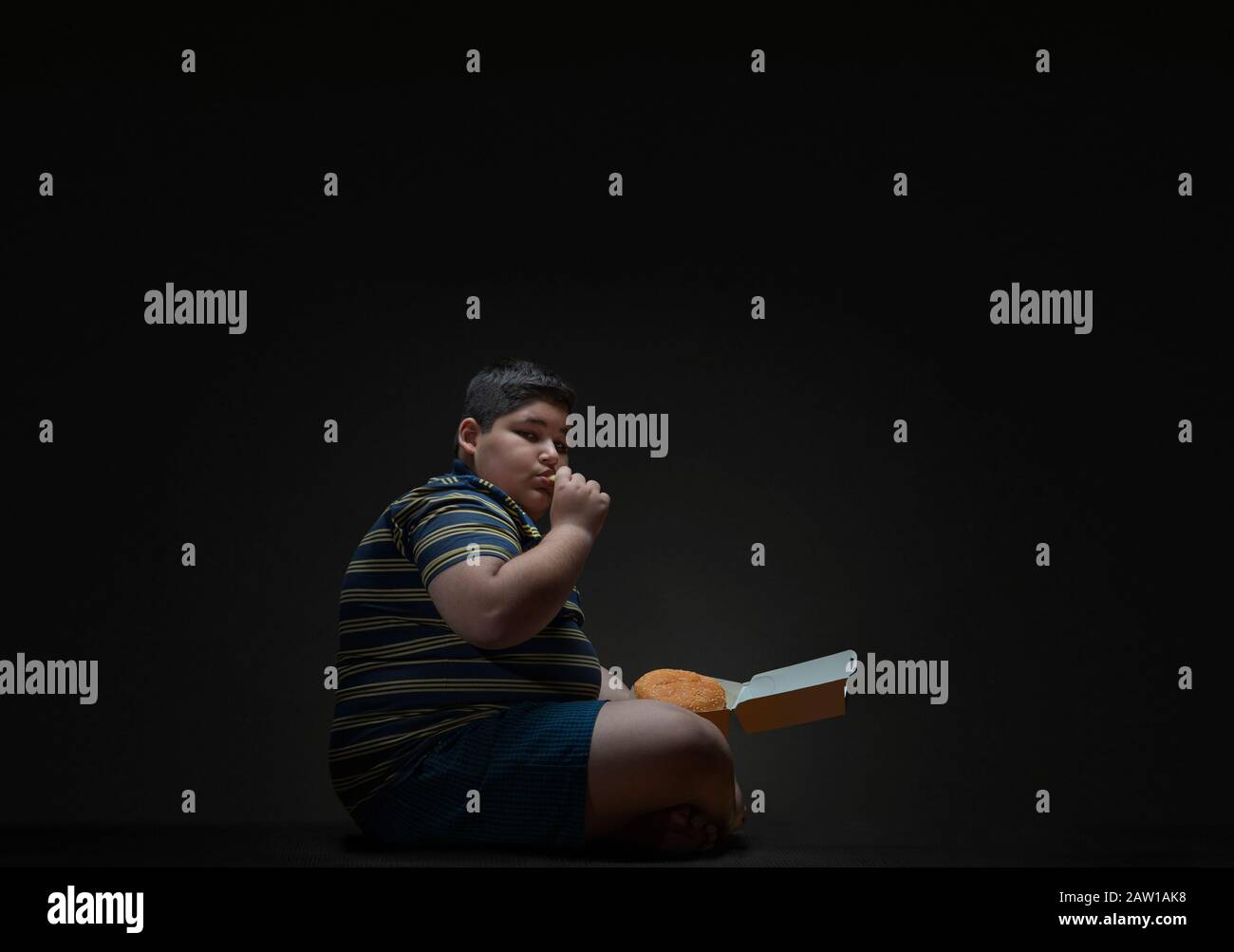 Young boy eating burger and fries. (Obesity) Stock Photo