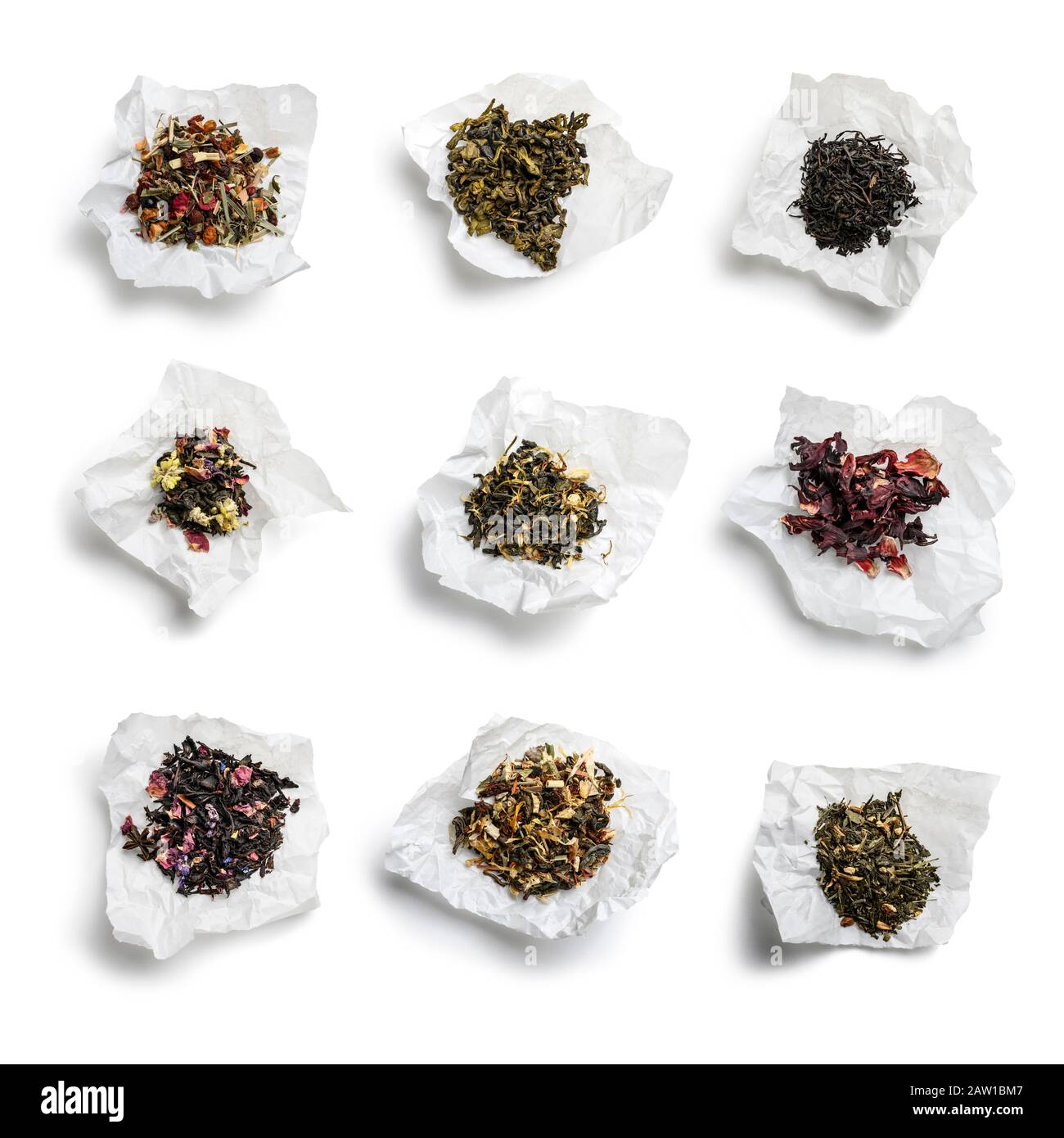 Assorted Made Tea Large assortment of tea on a white background. The view from the top ...