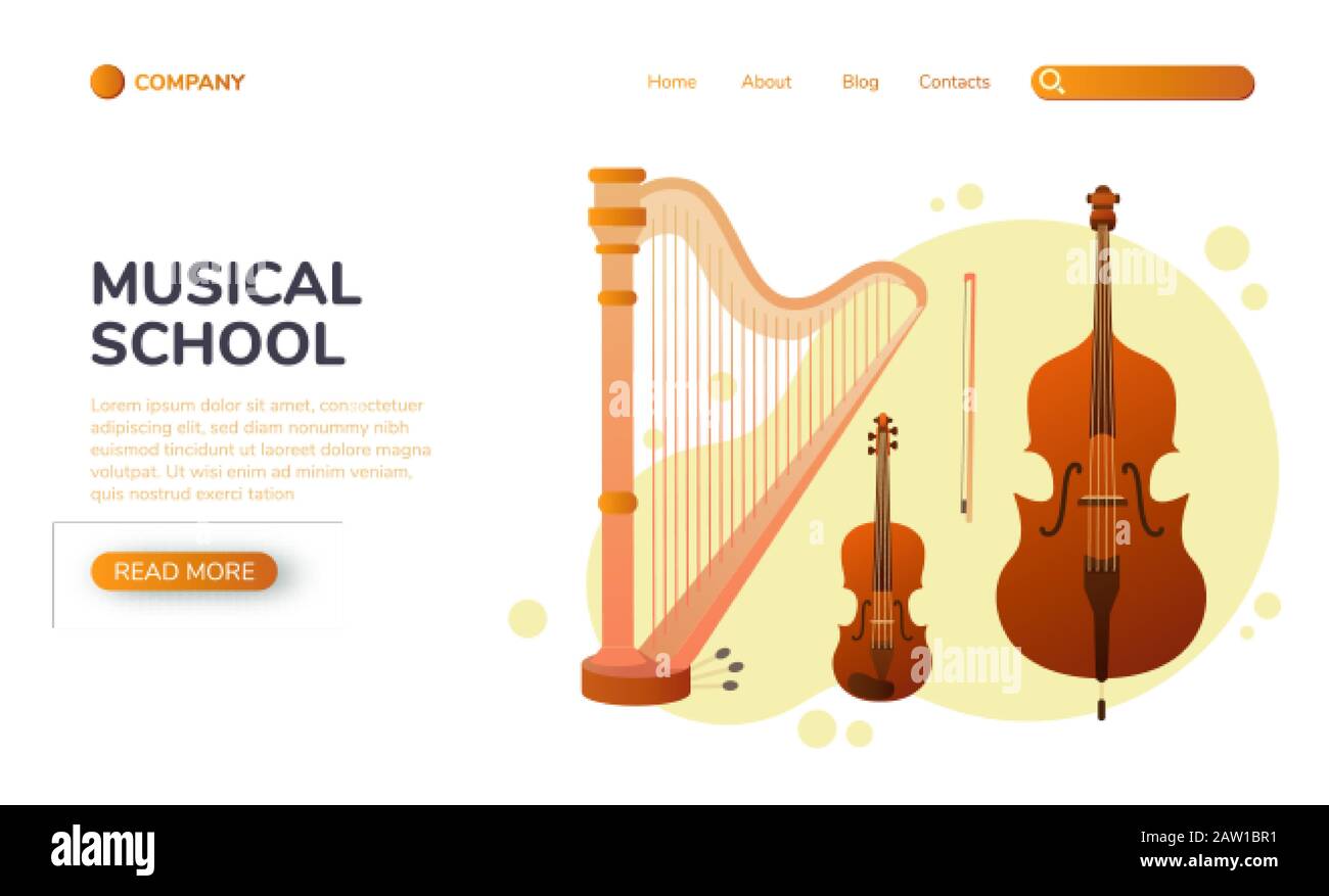 Musical landing page. Stringed musical instruments. Design layout for