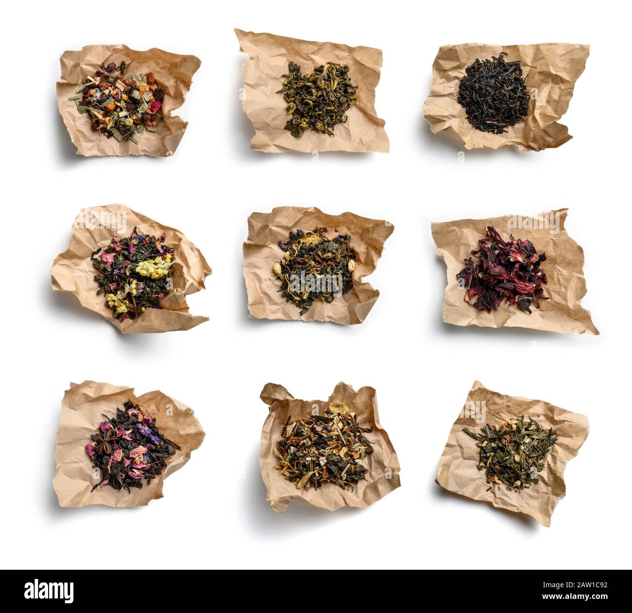 Assorted Made Tea Large assortment of tea on a white background. The view from the top ...