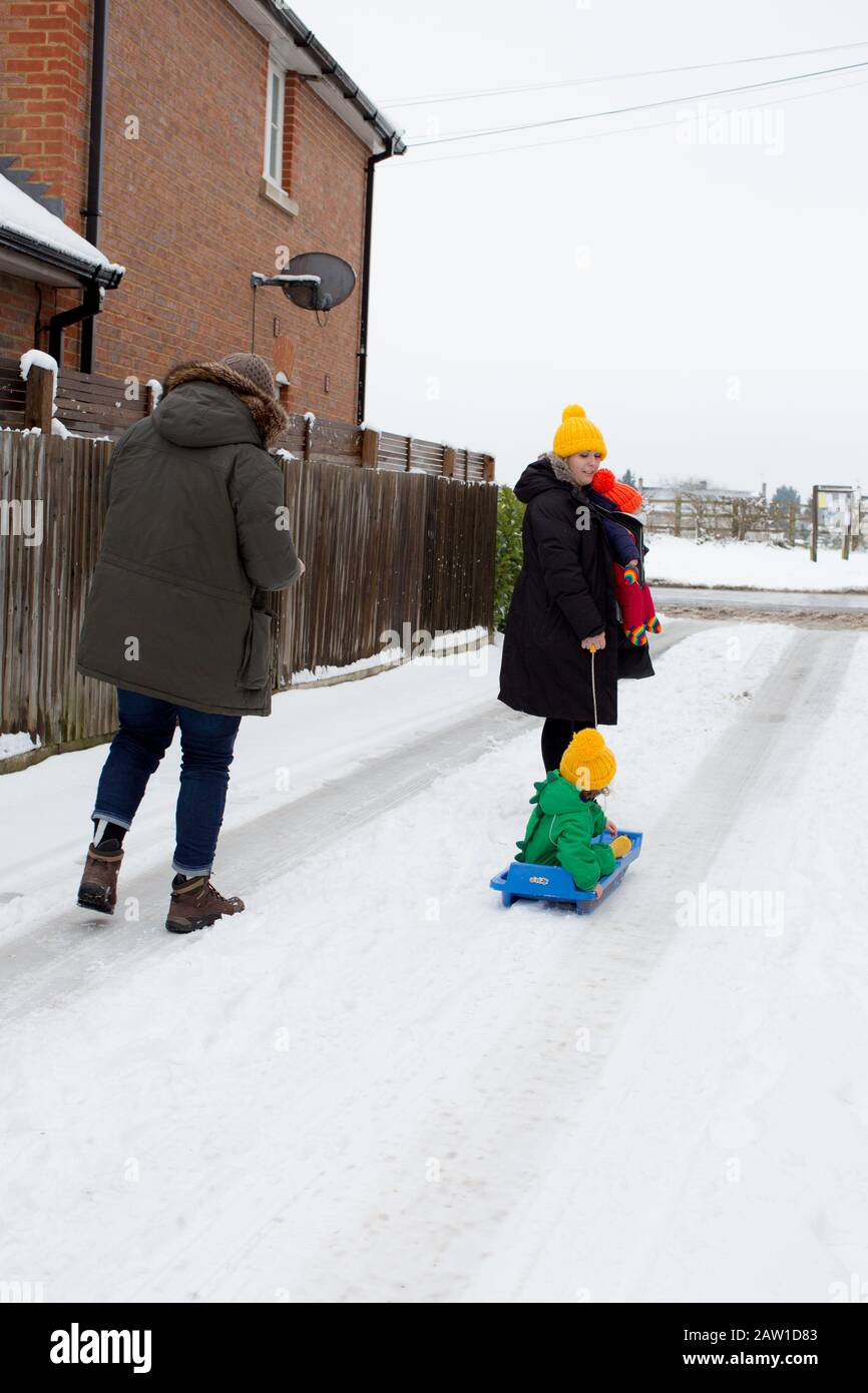 Young family with a baby and a toddler sledging in the snow, UK Stock Photo