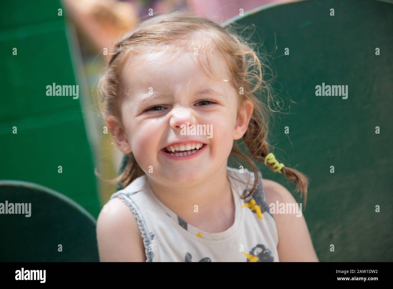 A young toddler girl in a summer dress and pigtails. Stock Photo