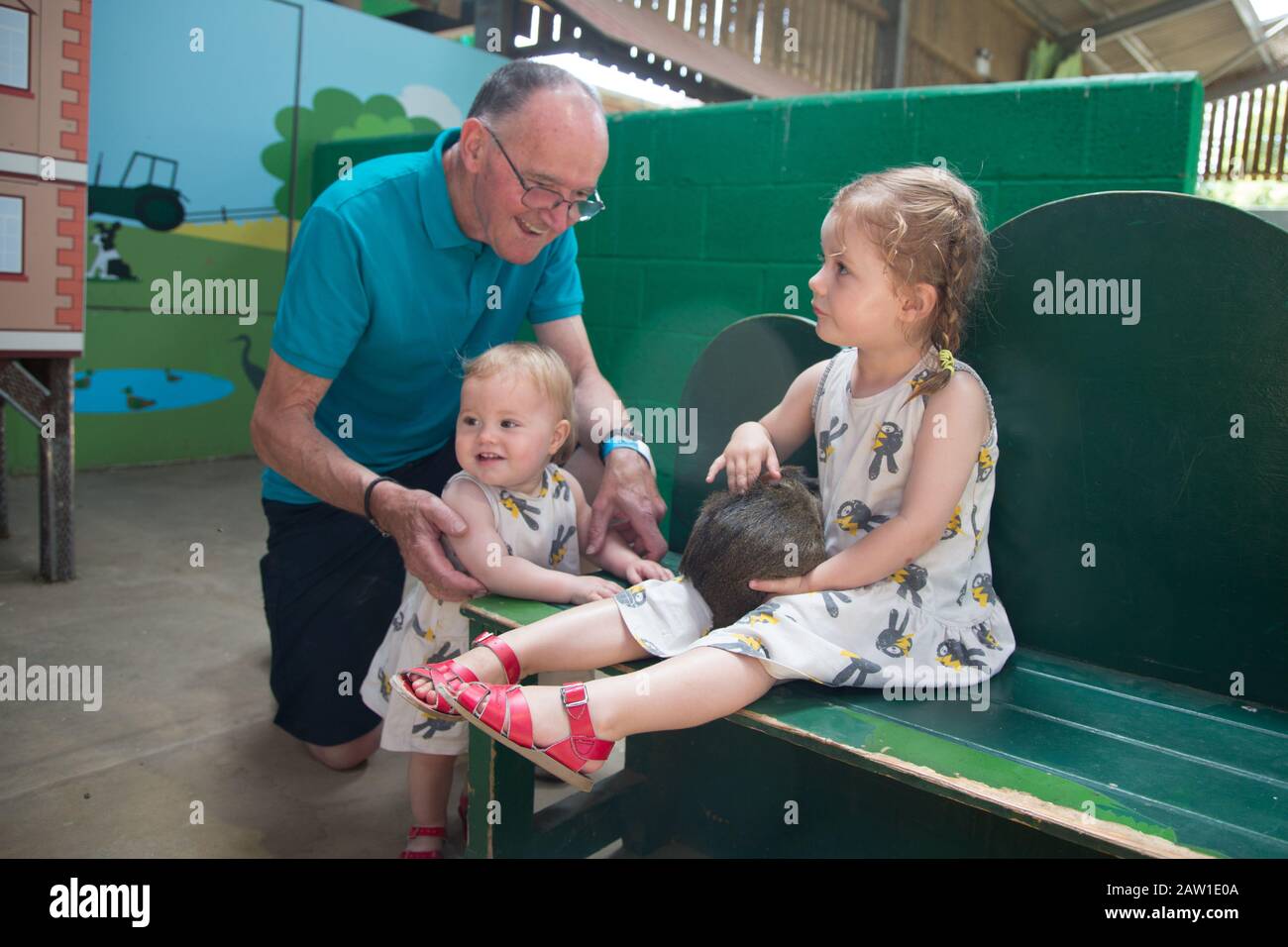 A Grandfather with his two young granddaughters at a petting zoo. Stock Photo