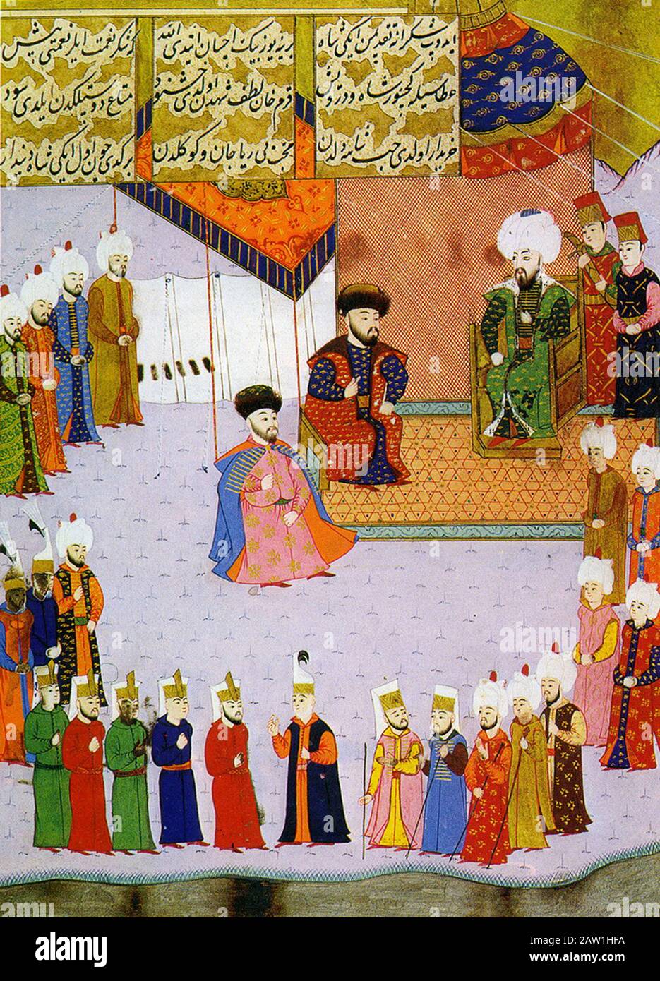 Crimean Khan Mengli Geray at a reception at the Ottoman Sultan Bayezid. Miniature. 16th century. Stock Photo