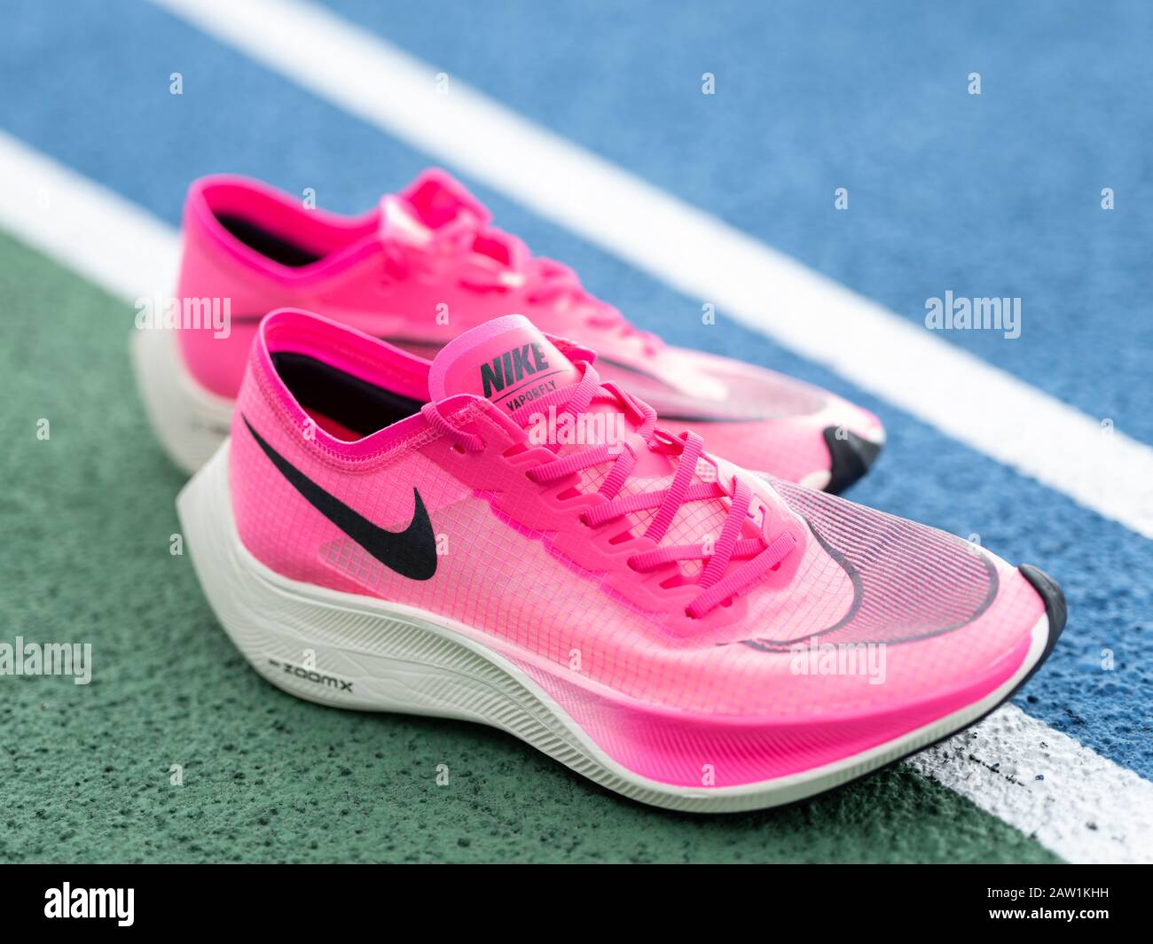 Nike ZoomX Vaporfly Next% running shoe in pink (Pink Blast/Guava Ice/Black)  record-breaking shoe carbon aero Stock Photo - Alamy