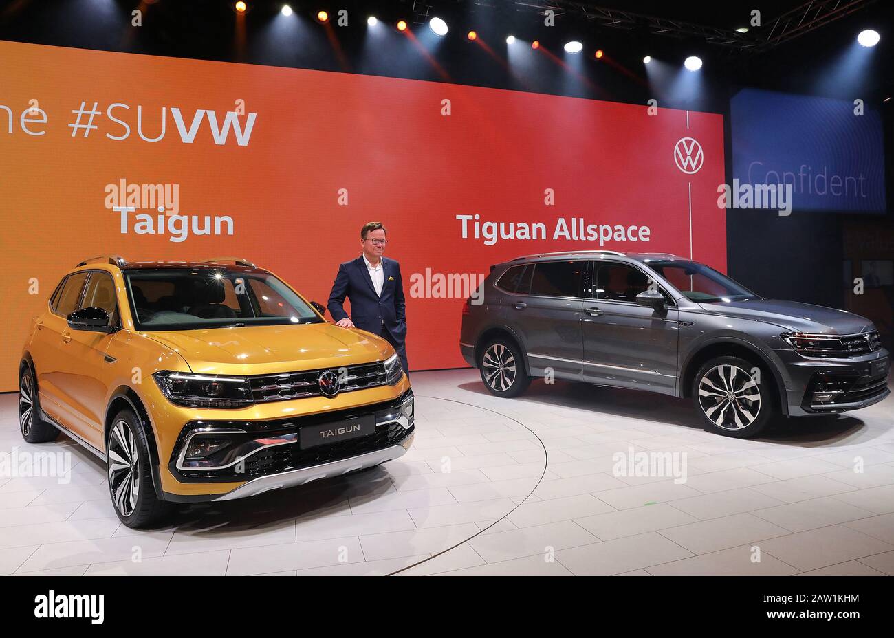 New Delhi, Auto Expo 2020. 7th Feb, 2020. Photo taken on Feb. 5, 2020 shows the Volkswagen Taigun car (L) and Tiguan car (R), which will be exhibited during the upcoming Auto Expo 2020, in the Greater Noida area of the northern state of Uttar Pradesh in India. The Auto Expo 2020 will officially kick off here on Feb. 7, 2020. Credit: Str/Xinhua/Alamy Live News Stock Photo
