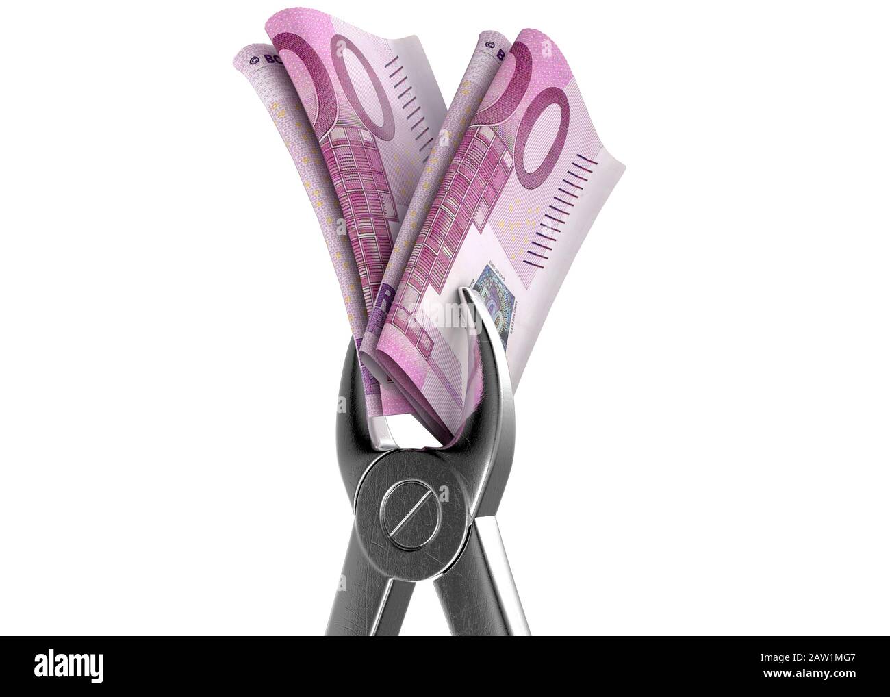 A pair of medical pliers gripping a rolled up pair of euro bank notes
