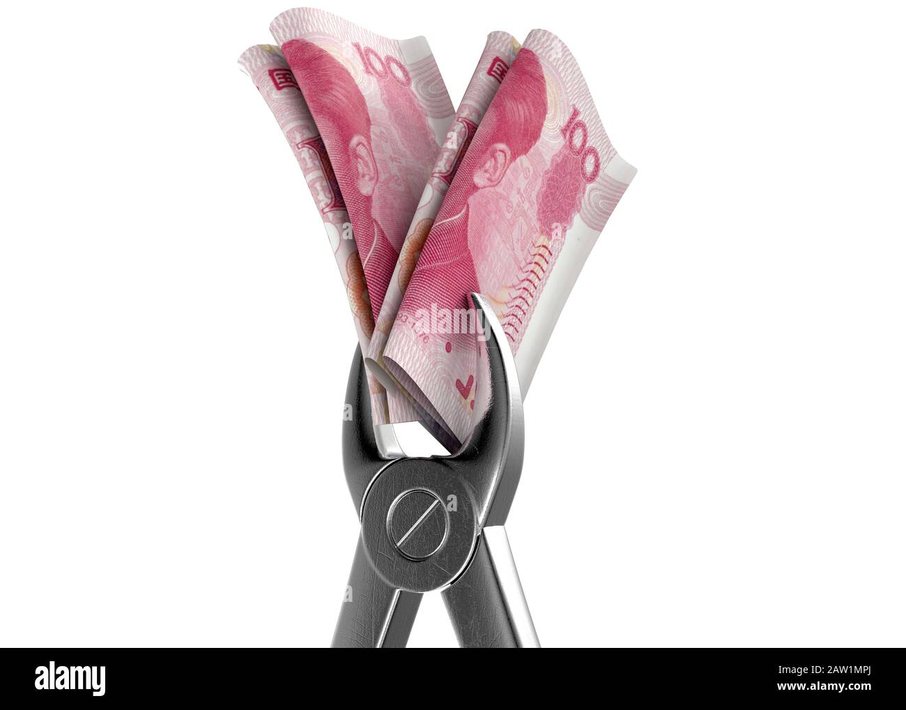 A pair of medical pliers gripping a rolled up pair of china yuan bank ...