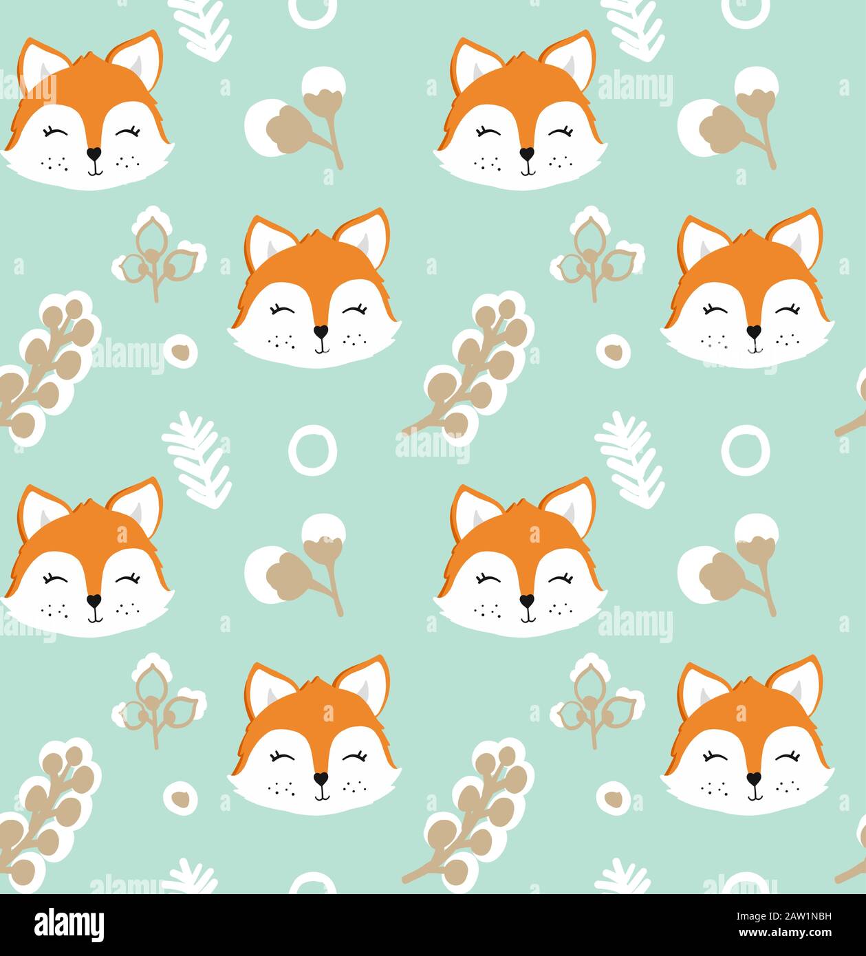 Seamless pattern with cute fox and flowers. Stock Vector