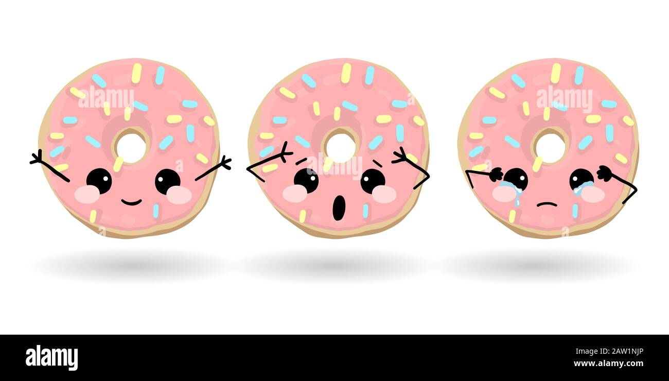 Cartoon funny pink donut. Hand drawn set of emoji. Vector emoticon  illustration food Stock Vector Image & Art - Alamy